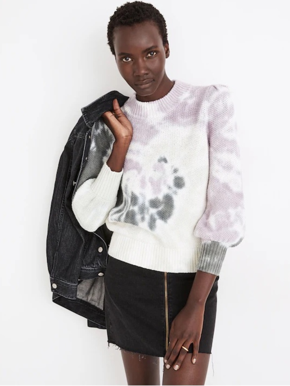 Madewell Tie-Dye Puff Sleeve Sweater Women's Large Purple Gray Crewneck NWT